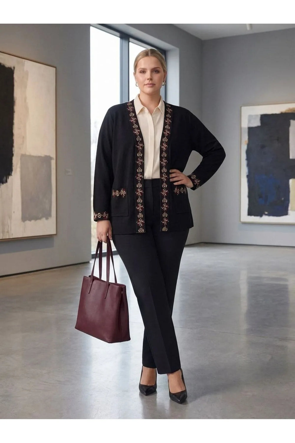 Büyük Beden Kadın Krem Etnik Nakışlı Şal Yaka Triko Hırka - Image 8