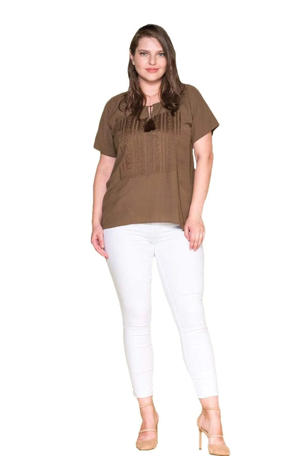 Plus Size Women's Embroidered Cotton Viscose Blouse