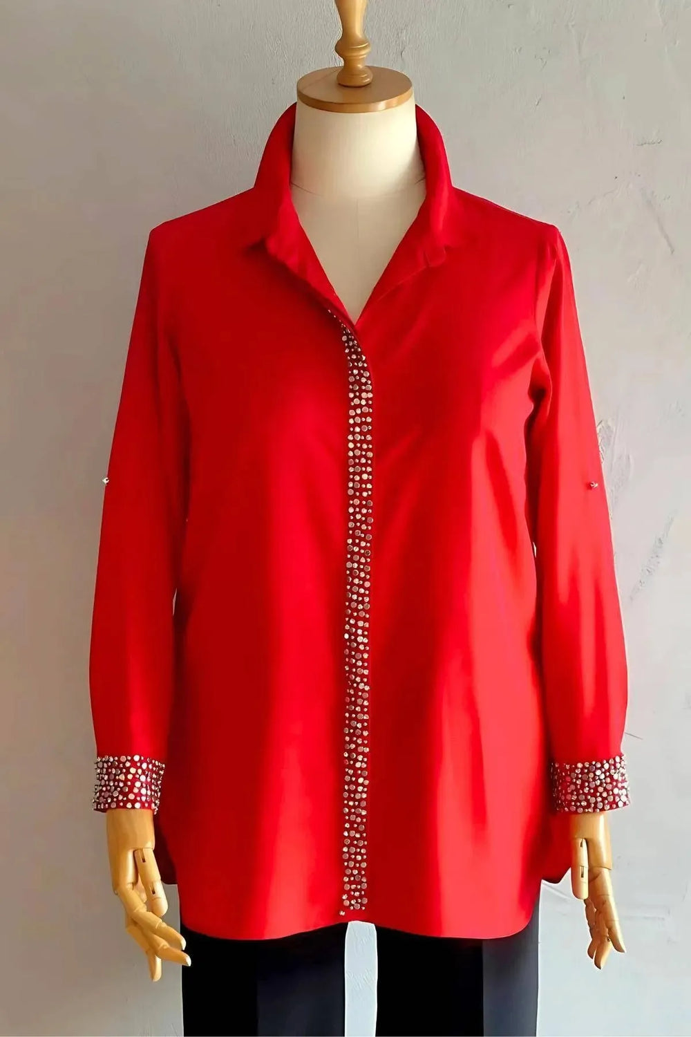 Plus Size Women's Red Stone-Embellished Crepe Evening Shirt - Image 1