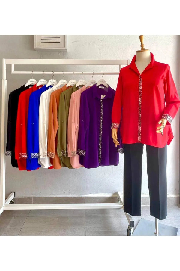 Plus Size Women's Red Stone-Embellished Crepe Evening Shirt