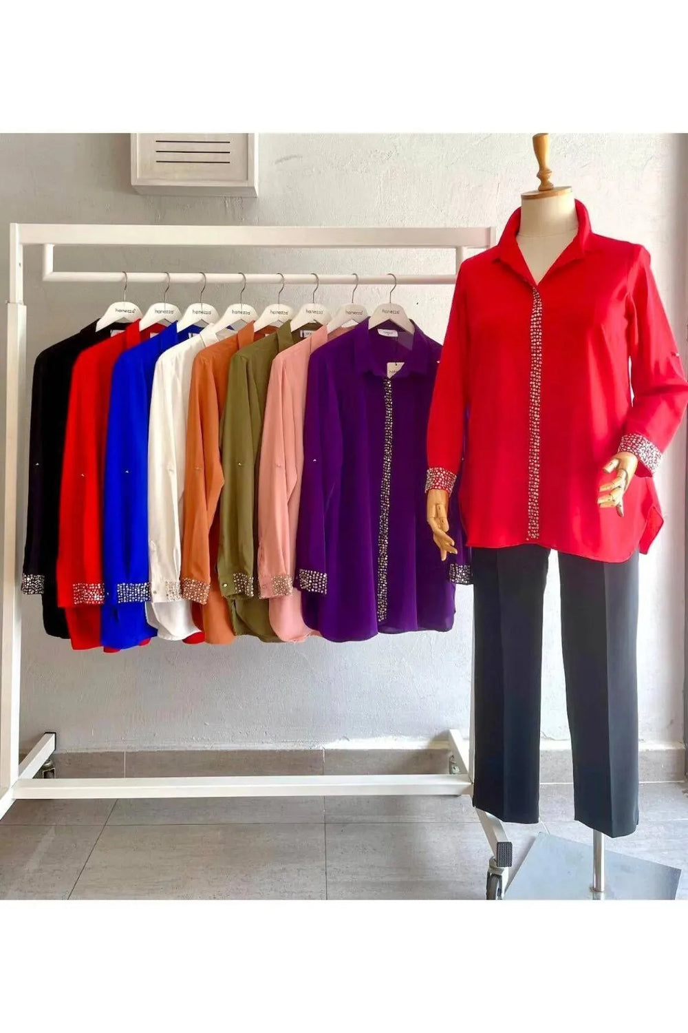 Plus Size Women's Red Stone-Embellished Crepe Evening Shirt - Image 7