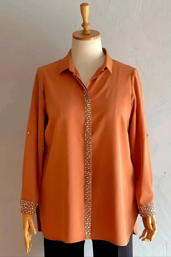 Plus Size Women's Red Stone-Embellished Crepe Evening Shirt