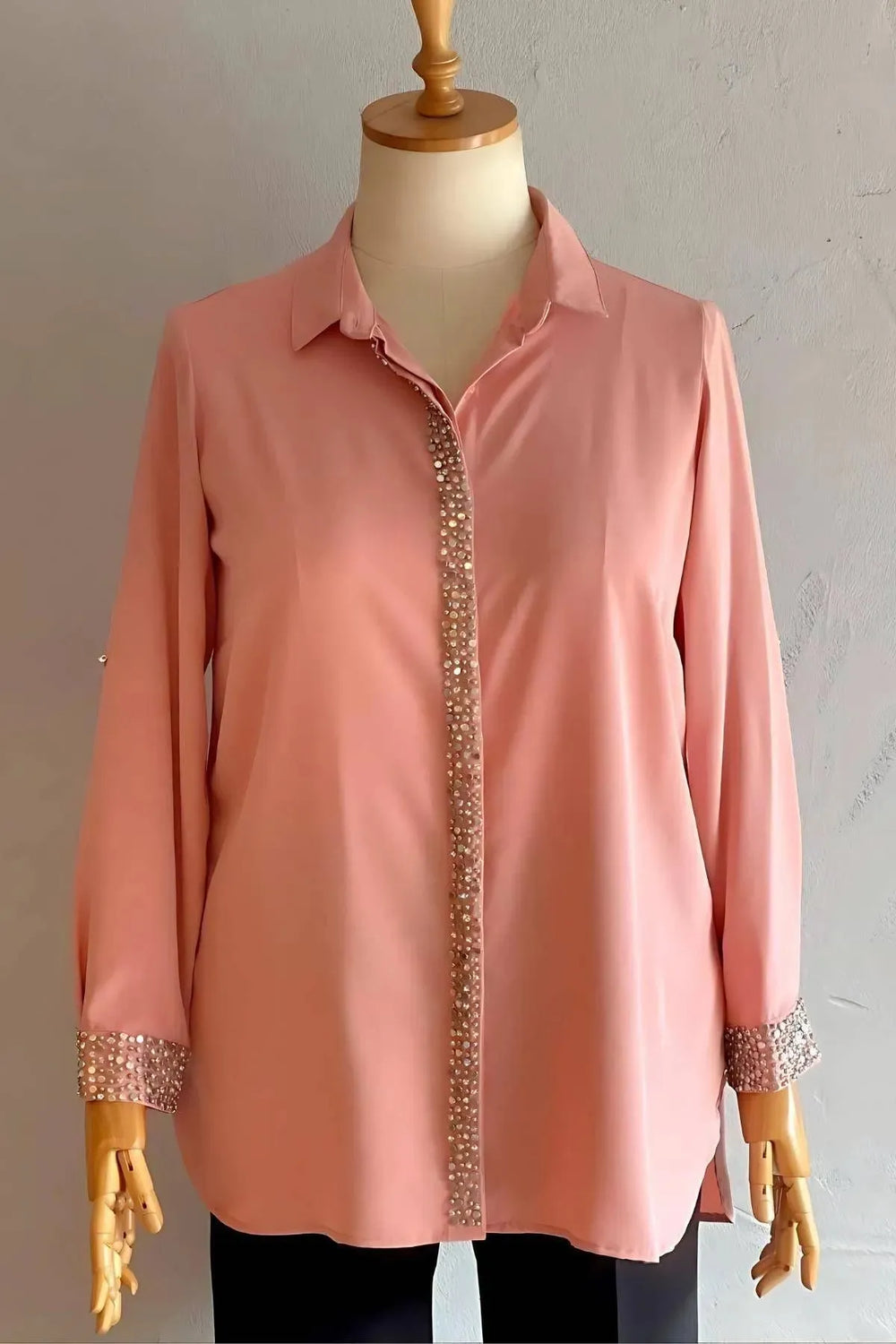 Plus Size Women's Red Stone-Embellished Crepe Evening Shirt - Image 16