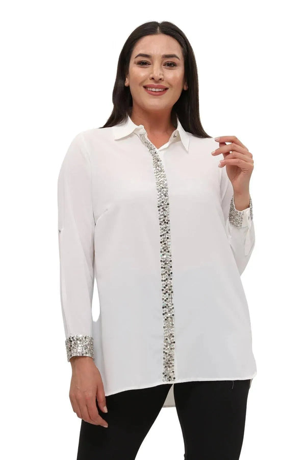 Plus Size Women's Red Stone-Embellished Crepe Evening Shirt