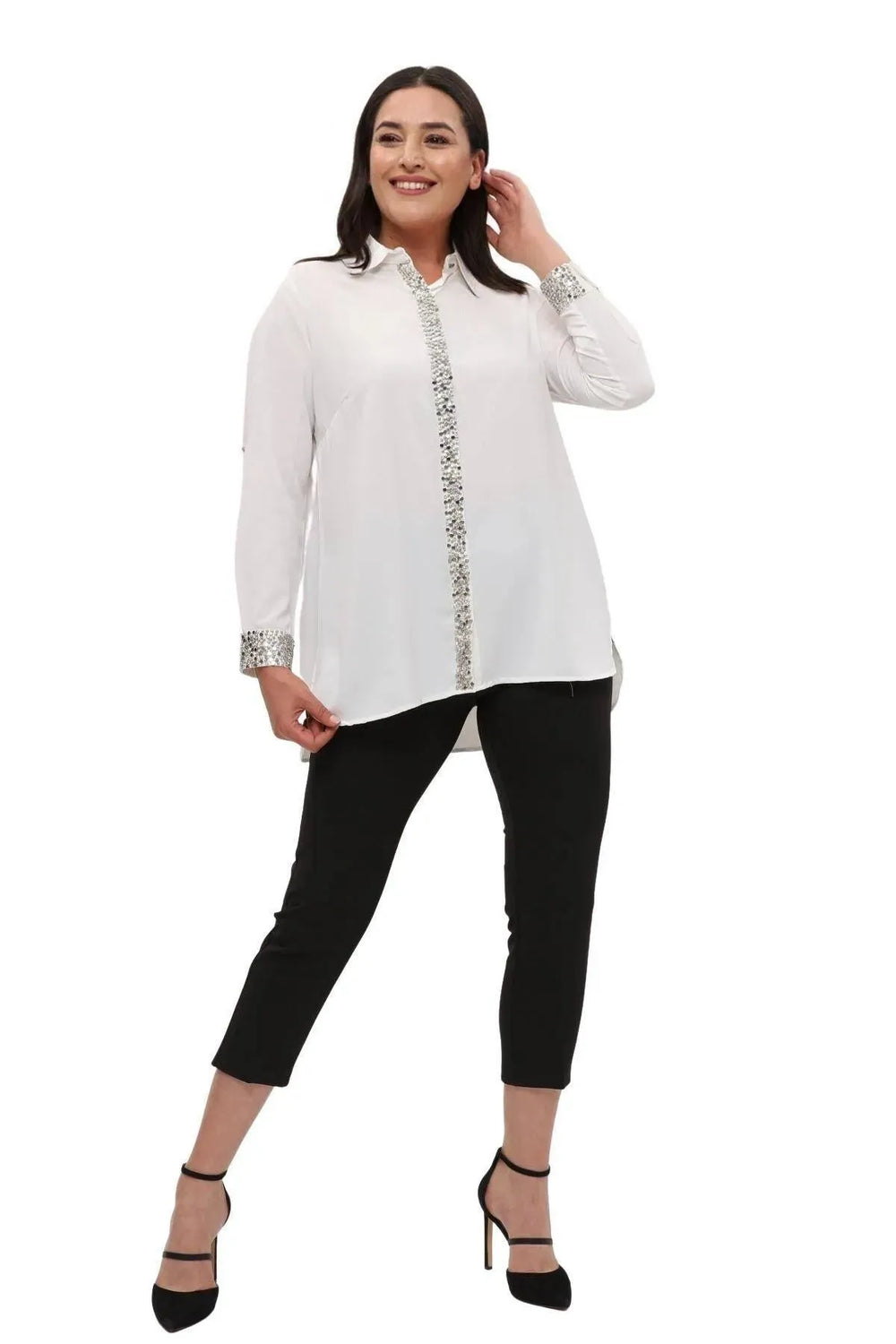 Plus Size Women's Red Stone-Embellished Crepe Evening Shirt - Image 24