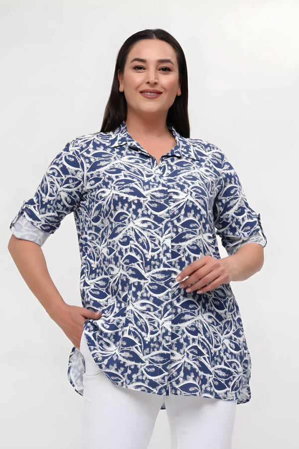 Büyük Beden Kadın Büyük Beden Kadın Lacivert Desenli Pamuklu Viskon Gömlek Büyük Beden Gömlek Lacivert Desenli
