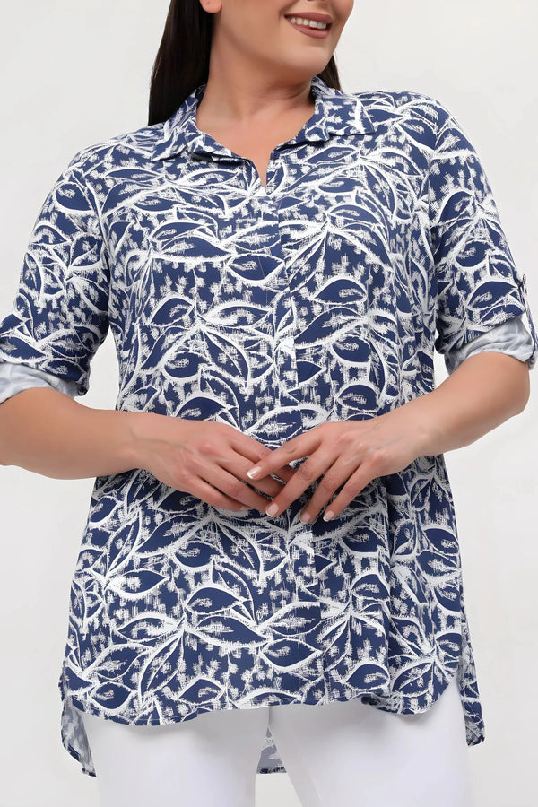 Büyük Beden Kadın Lacivert Desenli Pamuklu Viskon Gömlek