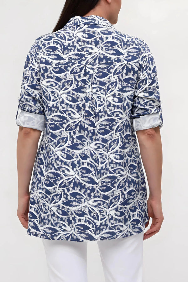 Büyük Beden Kadın Lacivert Desenli Pamuklu Viskon Gömlek