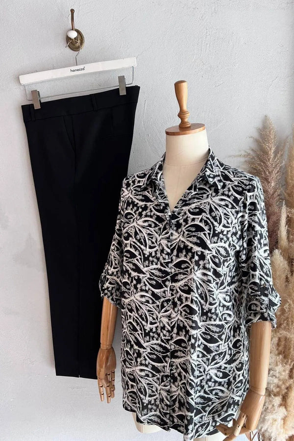 Büyük Beden Kadın Lacivert Desenli Pamuklu Viskon Gömlek