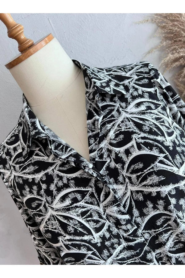 Büyük Beden Kadın Lacivert Desenli Pamuklu Viskon Gömlek