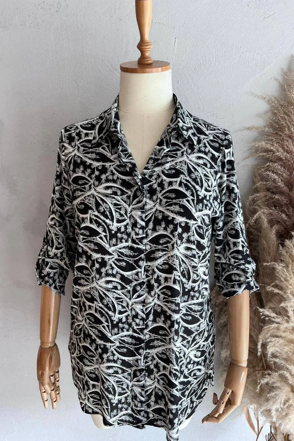 Büyük Beden Kadın Lacivert Desenli Pamuklu Viskon Gömlek