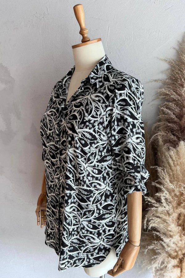 Büyük Beden Kadın Lacivert Desenli Pamuklu Viskon Gömlek