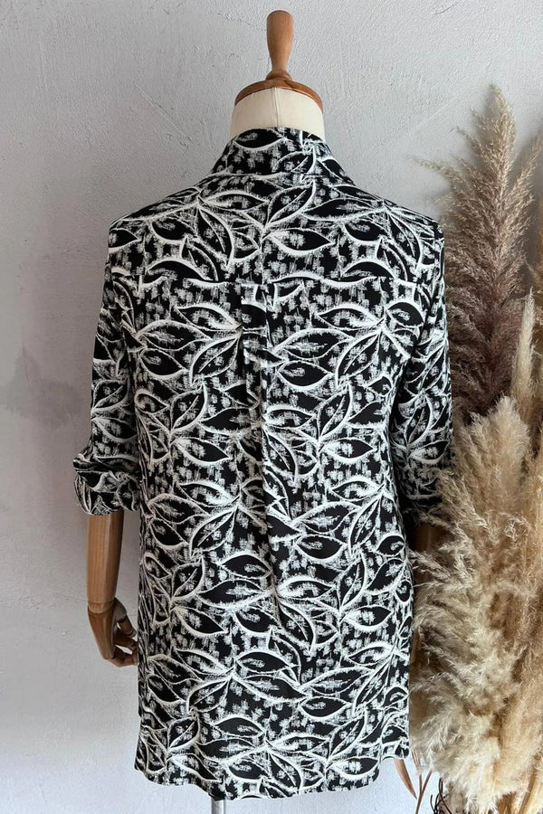 Büyük Beden Kadın Lacivert Desenli Pamuklu Viskon Gömlek