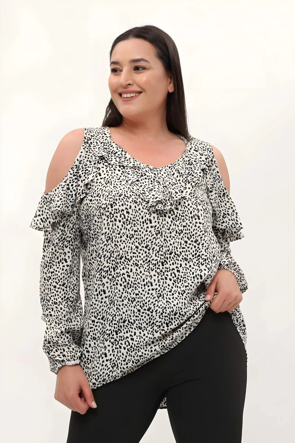 Plus Size Women's Leopard Print Cold Shoulder Ruffle Detail Viscose Blouse - Image 1