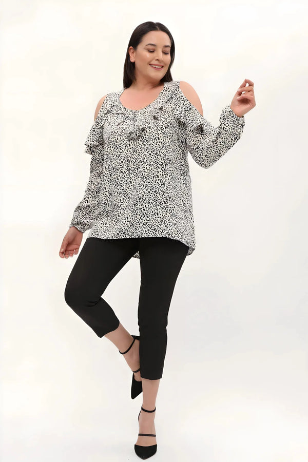 Plus Size Women's Leopard Print Cold Shoulder Ruffle Detail Viscose Blouse