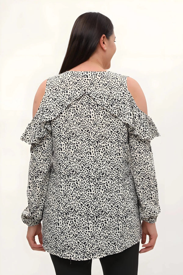 Plus Size Women's Leopard Print Cold Shoulder Ruffle Detail Viscose Blouse
