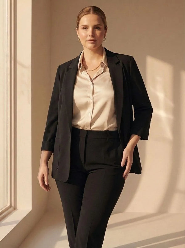 Büyük Beden Kadın Büyük Beden Kadın Likralı Atlas Blazer Ceket Cep Detaylı Büyük Beden Ceket Siyah Düz Kumaş