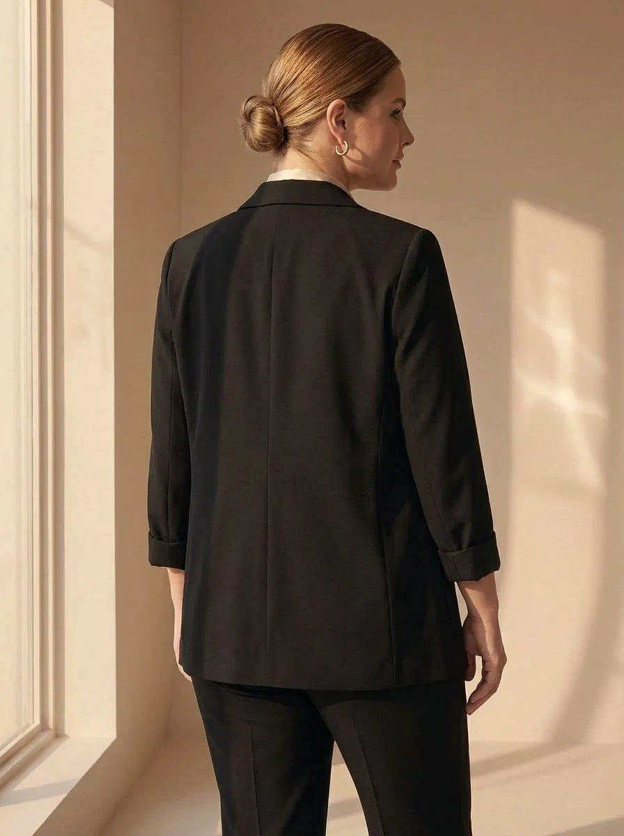 Büyük Beden Kadın Büyük Beden Kadın Likralı Atlas Blazer Ceket Cep Detaylı Büyük Beden Ceket Siyah Düz Renk