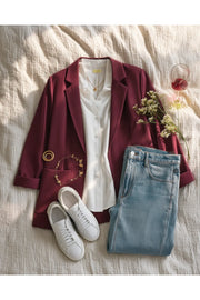 Büyük Beden Kadın Büyük Beden Kadın Likralı Atlas Blazer Ceket Cep Detaylı Büyük Beden Ceket Bordo