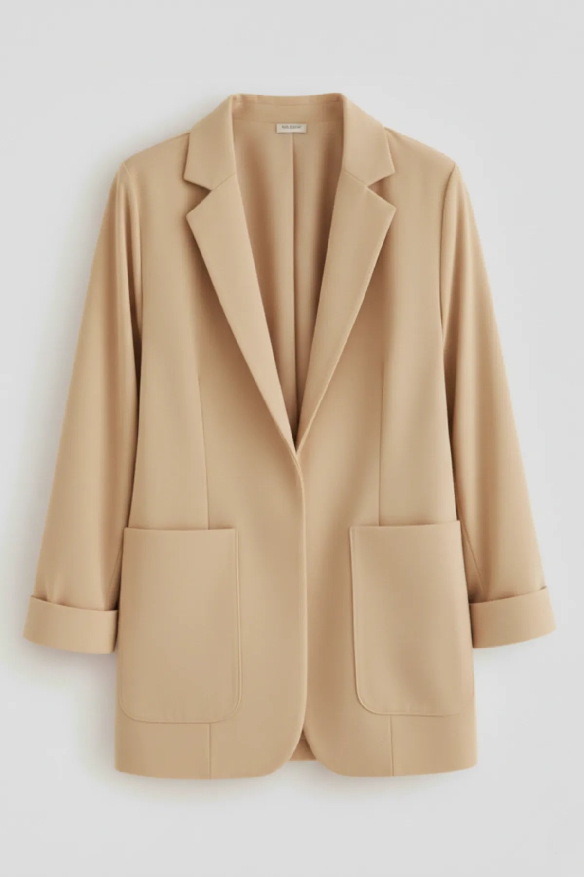 Büyük Beden Kadın Büyük Beden Kadın Likralı Atlas Blazer Ceket Cep Detaylı Büyük Beden Ceket Bej Düz Renk