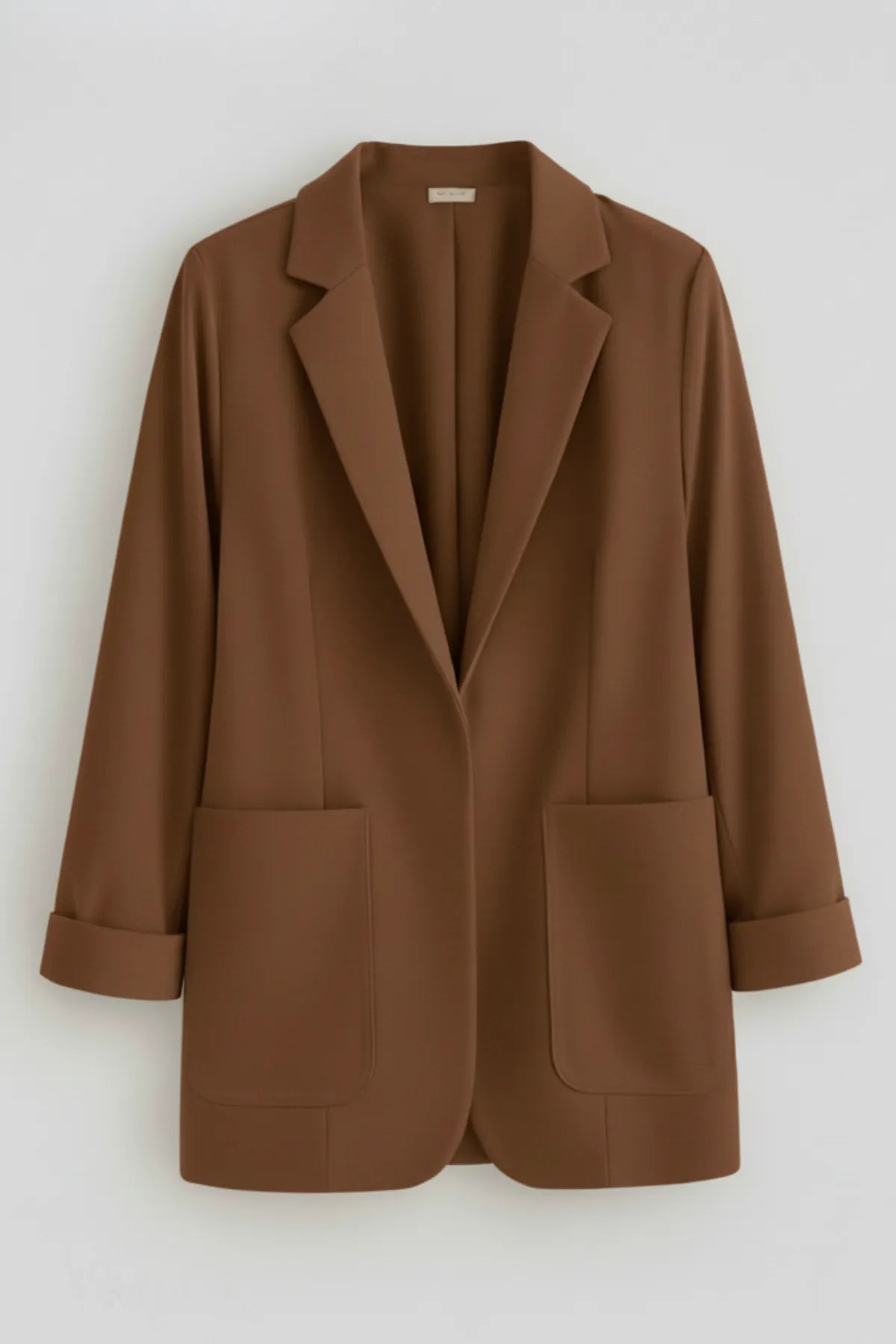 Büyük Beden Kadın Büyük Beden Kadın Likralı Atlas Blazer Ceket Cep Detaylı Büyük Beden Ceket Kahverengi Düz Renk