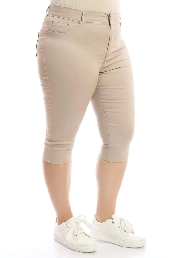 Büyük Beden Kadın Büyük Beden Kadın Likralı Kanvas Kapri Bermuda Pantolon Büyük Beden Kapri Bej Düz Renk