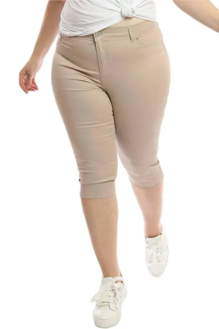 Büyük Beden Kadın Büyük Beden Kadın Likralı Kanvas Kapri Bermuda Pantolon Büyük Beden Kapri Bej Düz Renk