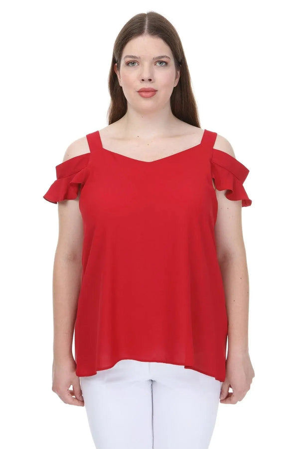 Büyük Beden Kadın Büyük Beden Kadın Omuz Dekolteli Volan Kollu Jessica Bluz Büyük Beden Bluz Kırmızı Düz Renk