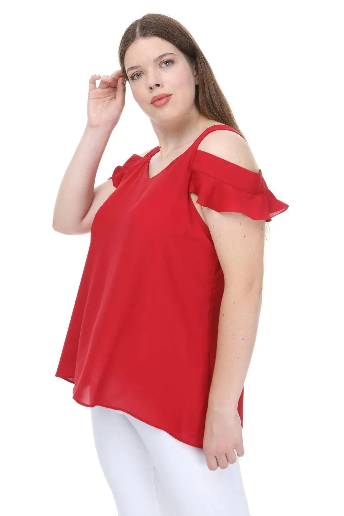 Büyük Beden Kadın Büyük Beden Kadın Omuz Dekolteli Volan Kollu Jessica Bluz Büyük Beden Bluz Kırmızı Düz Renk