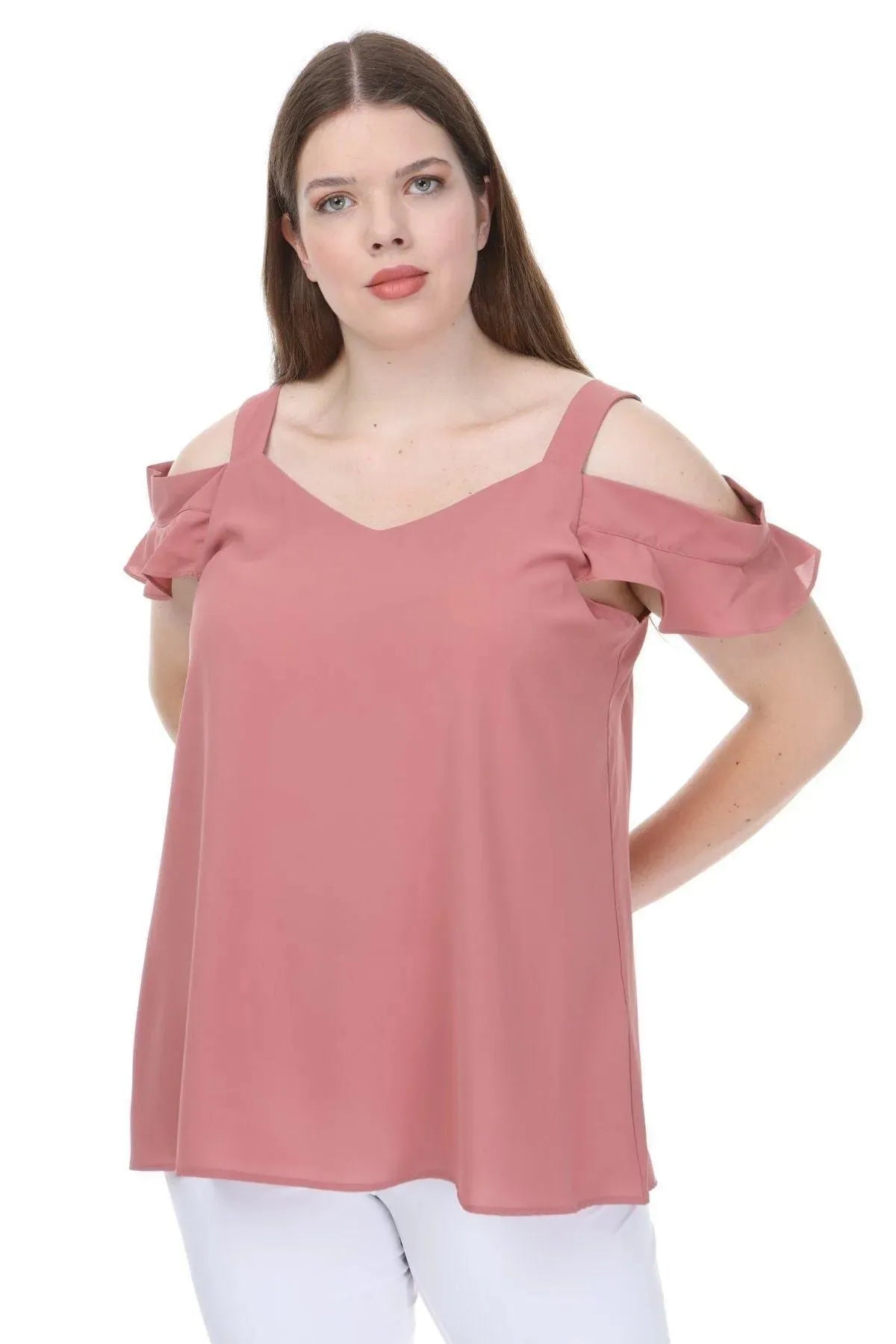 Büyük Beden Kadın Büyük Beden Kadın Omuz Dekolteli Volan Kollu Jessica Bluz Büyük Beden Bluz Pembe Düz Renk