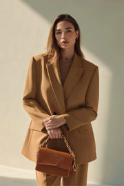 Büyük Beden Kadın Büyük Beden Kadın Oversize Vatkalı Astarlı Blazer Ceket Büyük Beden Ceket Kahverengi Düz Kumaş