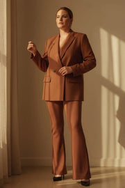 Büyük Beden Kadın Büyük Beden Kadın Oversize Vatkalı Astarlı Blazer Ceket Büyük Beden Ceket Kahverengi Düz Kumaş