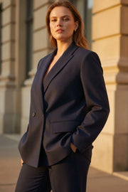 Büyük Beden Kadın Büyük Beden Kadın Oversize Vatkalı Astarlı Blazer Ceket Büyük Beden Ceket Lacivert Düz Kumaş