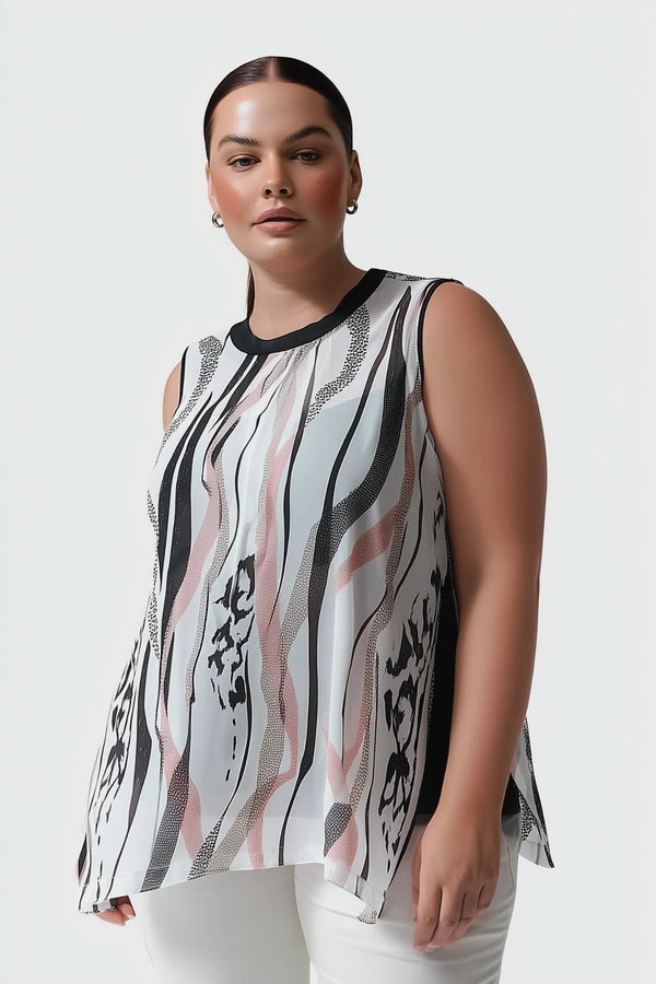 Plus Size Women's Pink and Grey Patterned Chiffon Blouse - Sleeveless Round Neck