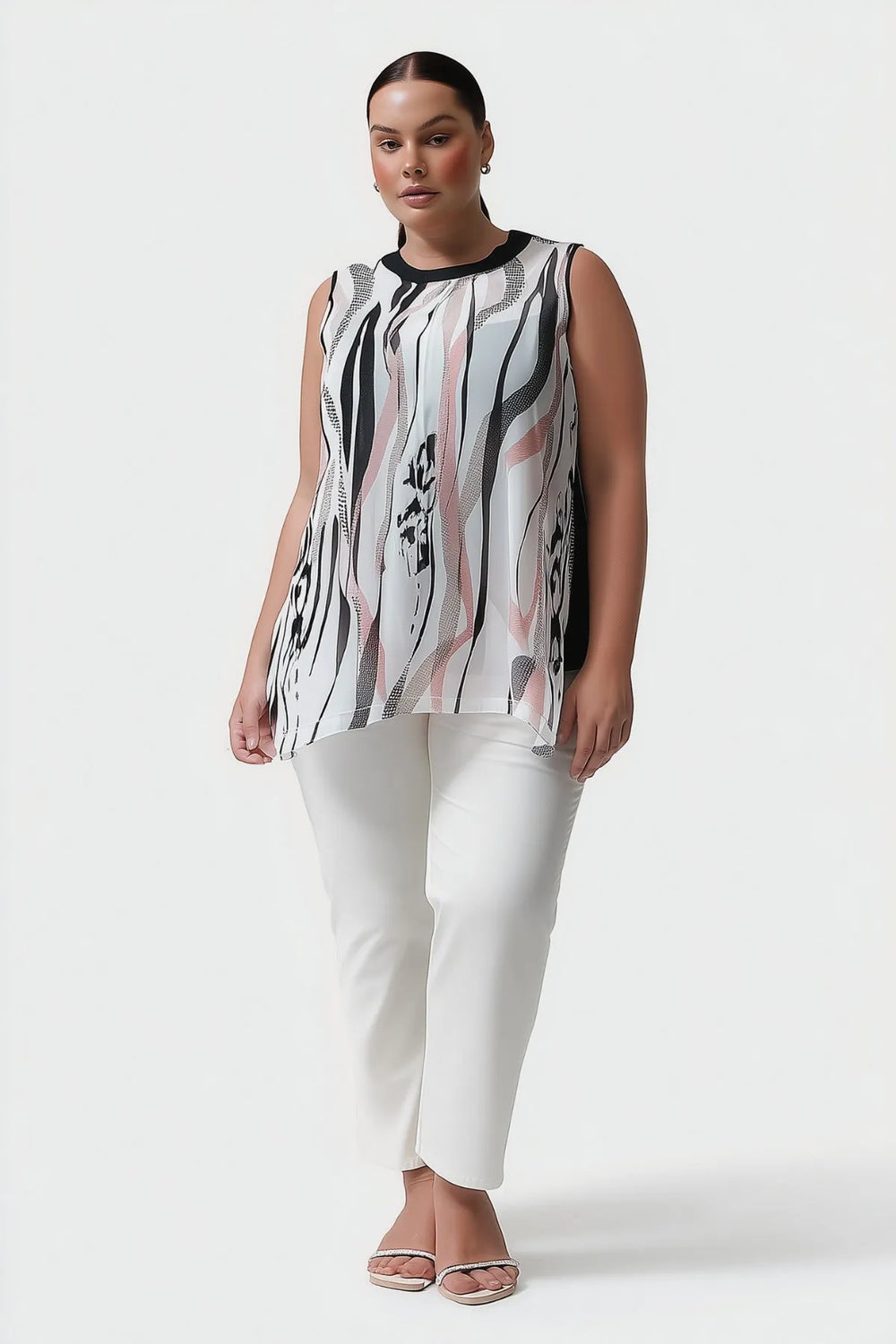 Plus Size Women's Pink and Grey Patterned Chiffon Blouse - Sleeveless Round Neck - Image 3