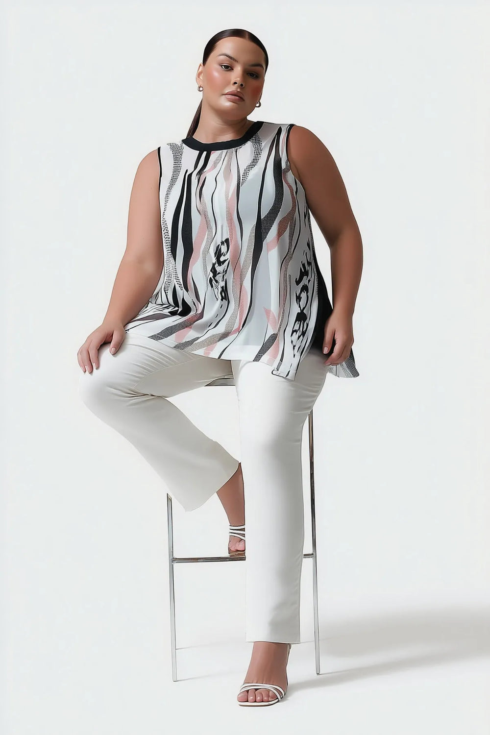 Plus Size Women's Pink and Grey Patterned Chiffon Blouse - Sleeveless Round Neck - Image 4