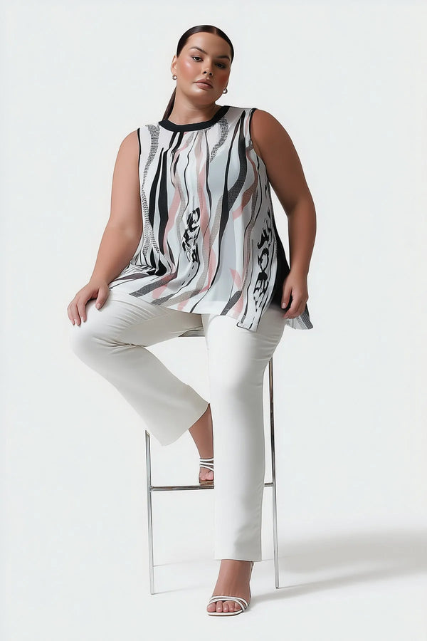 Plus Size Women's Pink and Grey Patterned Chiffon Blouse - Sleeveless Round Neck