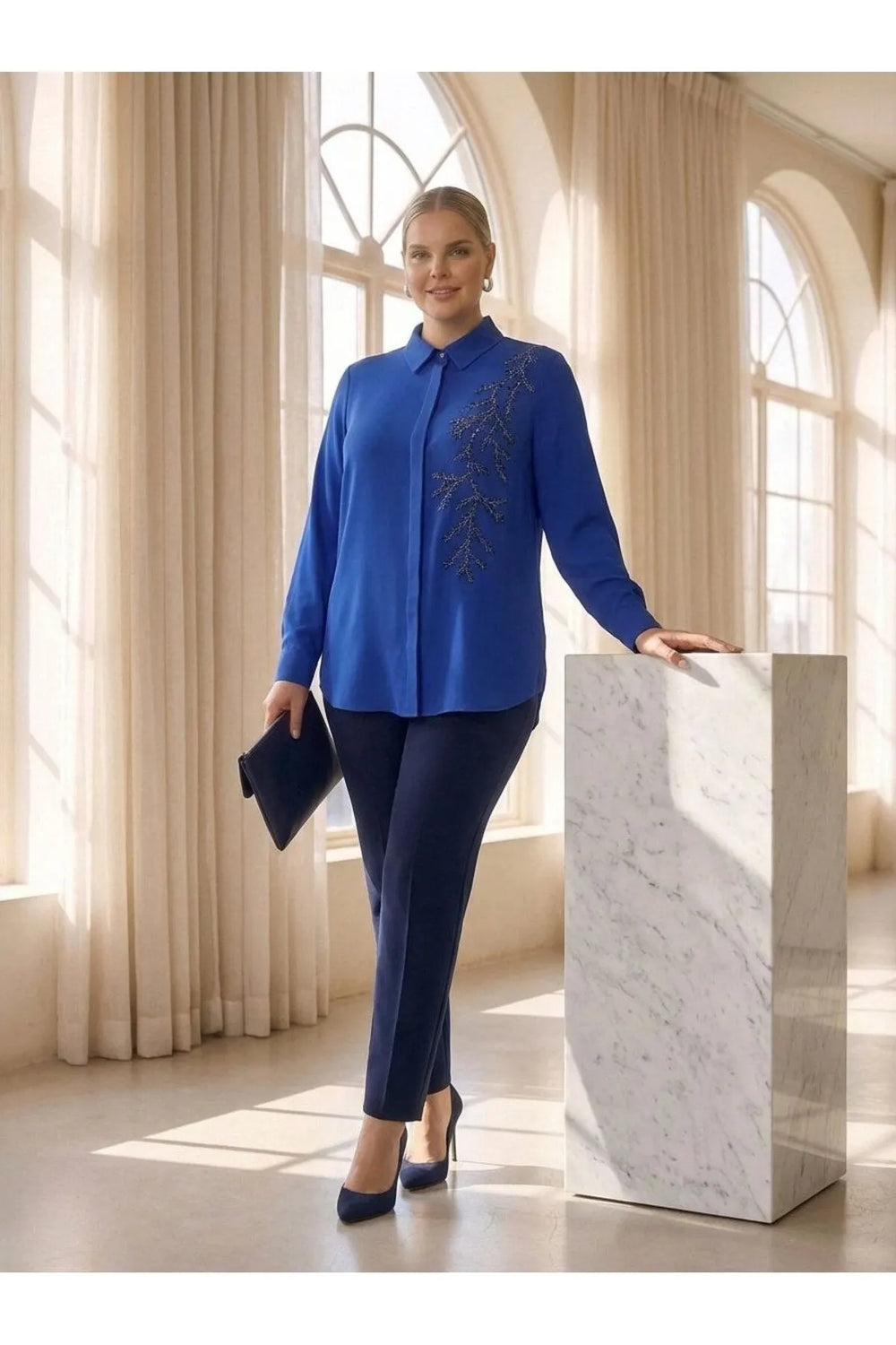 Plus Size Women's Saxe Blue Bead-Embellished Woven Shirt - Image 2