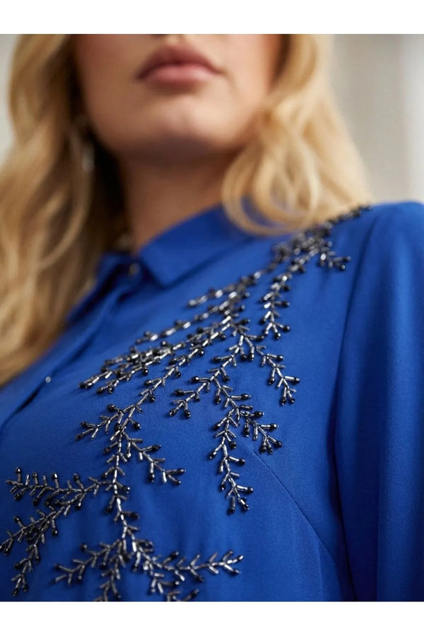 Plus Size Women's Saxe Blue Bead-Embellished Woven Shirt