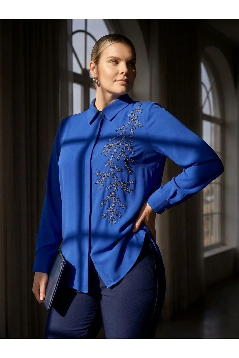 Plus Size Women's Saxe Blue Bead-Embellished Woven Shirt - Image 5
