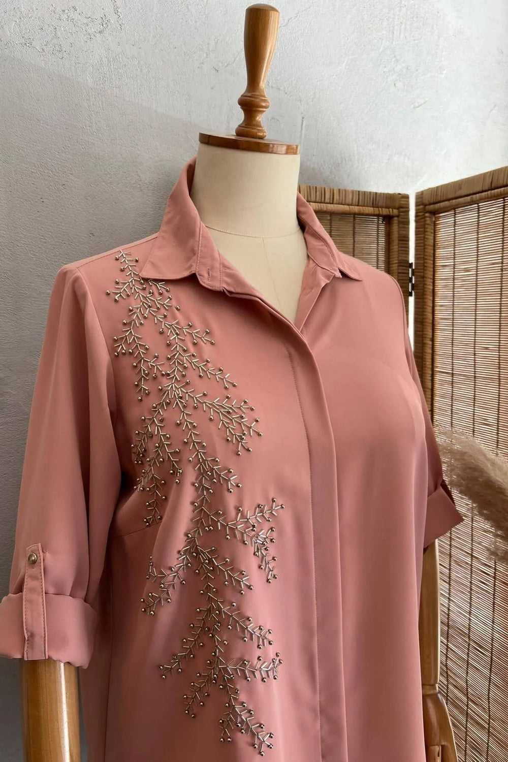 Plus Size Women's Saxe Blue Bead-Embellished Woven Shirt - Image 9