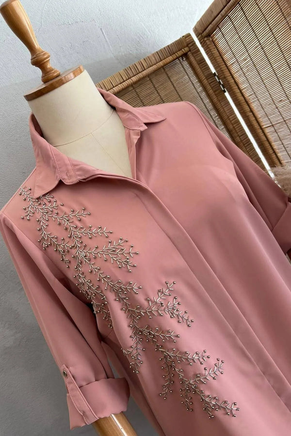 Plus Size Women's Saxe Blue Bead-Embellished Woven Shirt