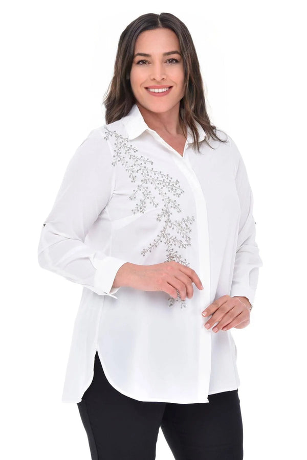 Plus Size Women's Saxe Blue Bead-Embellished Woven Shirt