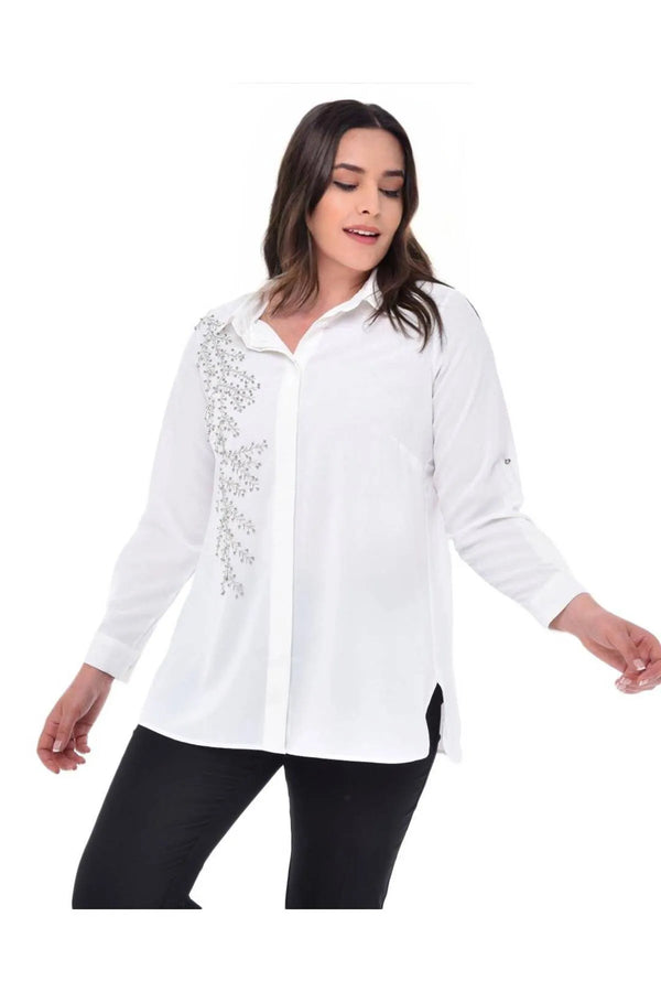 Plus Size Women's Saxe Blue Bead-Embellished Woven Shirt
