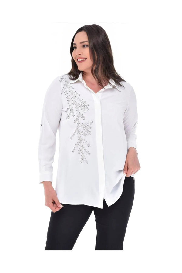 Plus Size Women's Saxe Blue Bead-Embellished Woven Shirt