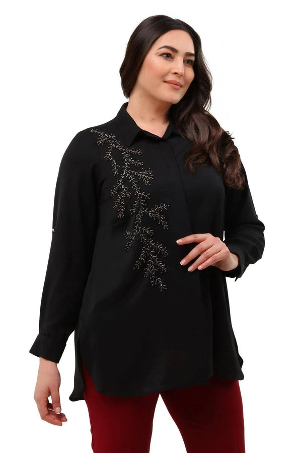 Plus Size Women's Saxe Blue Bead-Embellished Woven Shirt