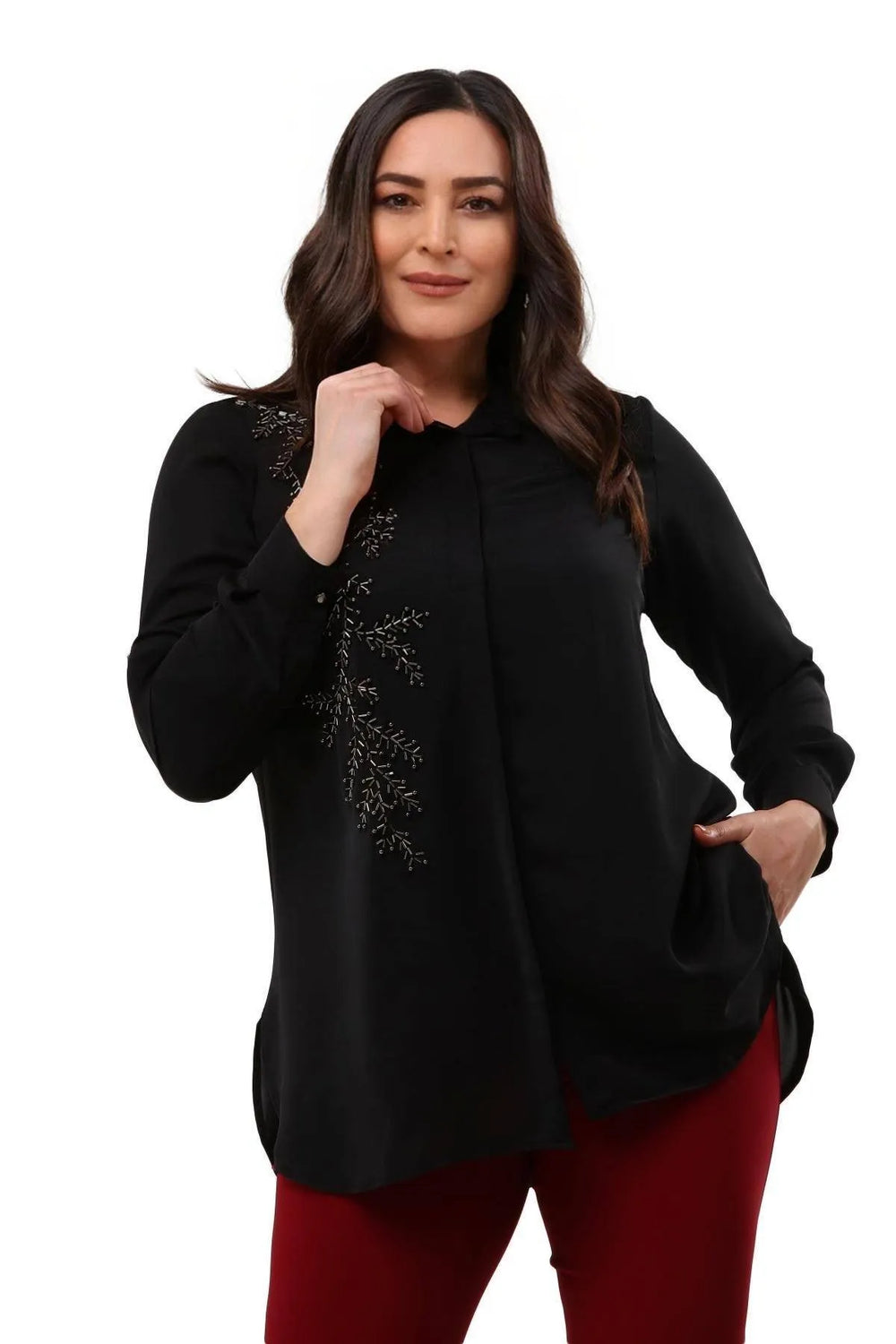 Plus Size Women's Saxe Blue Bead-Embellished Woven Shirt - Image 20