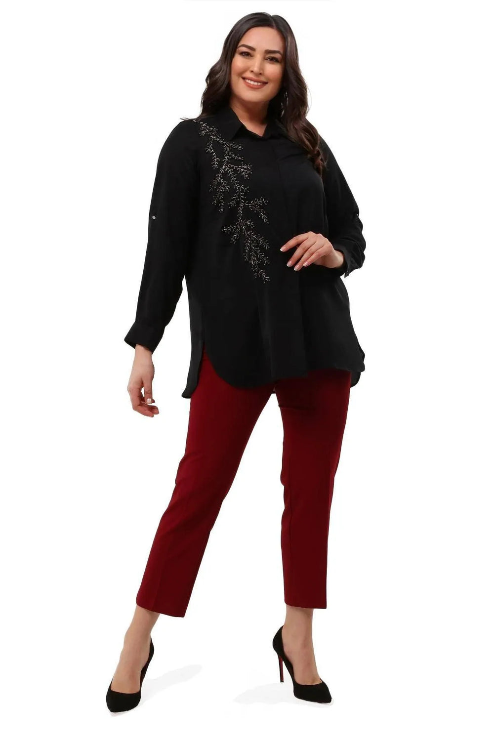 Plus Size Women's Saxe Blue Bead-Embellished Woven Shirt - Image 21