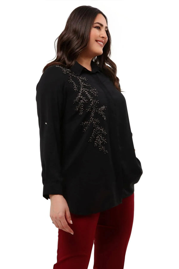 Plus Size Women's Saxe Blue Bead-Embellished Woven Shirt