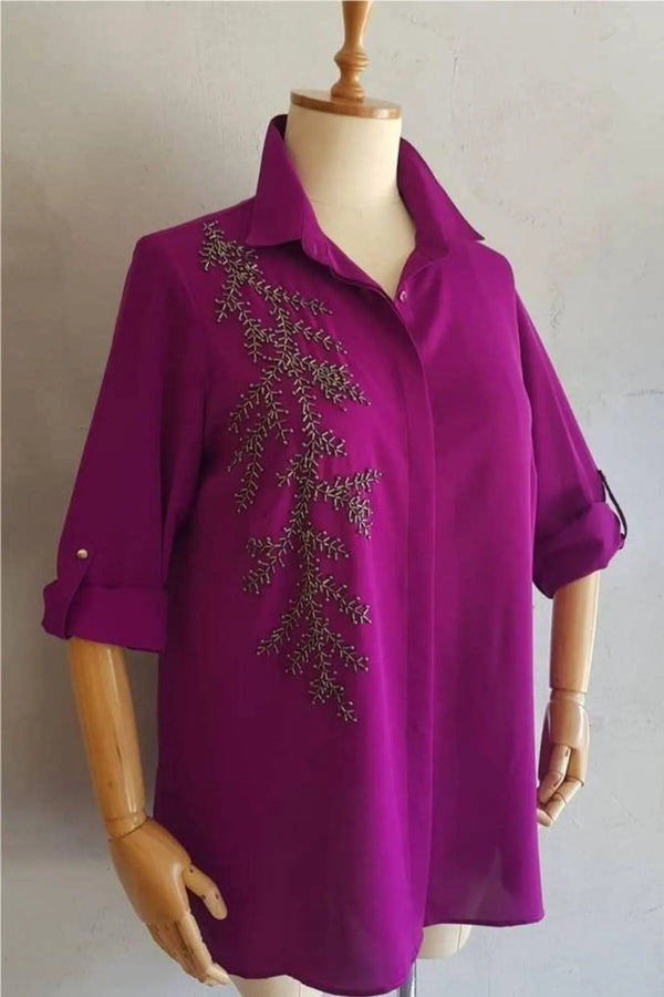 Plus Size Women's Saxe Blue Bead-Embellished Woven Shirt